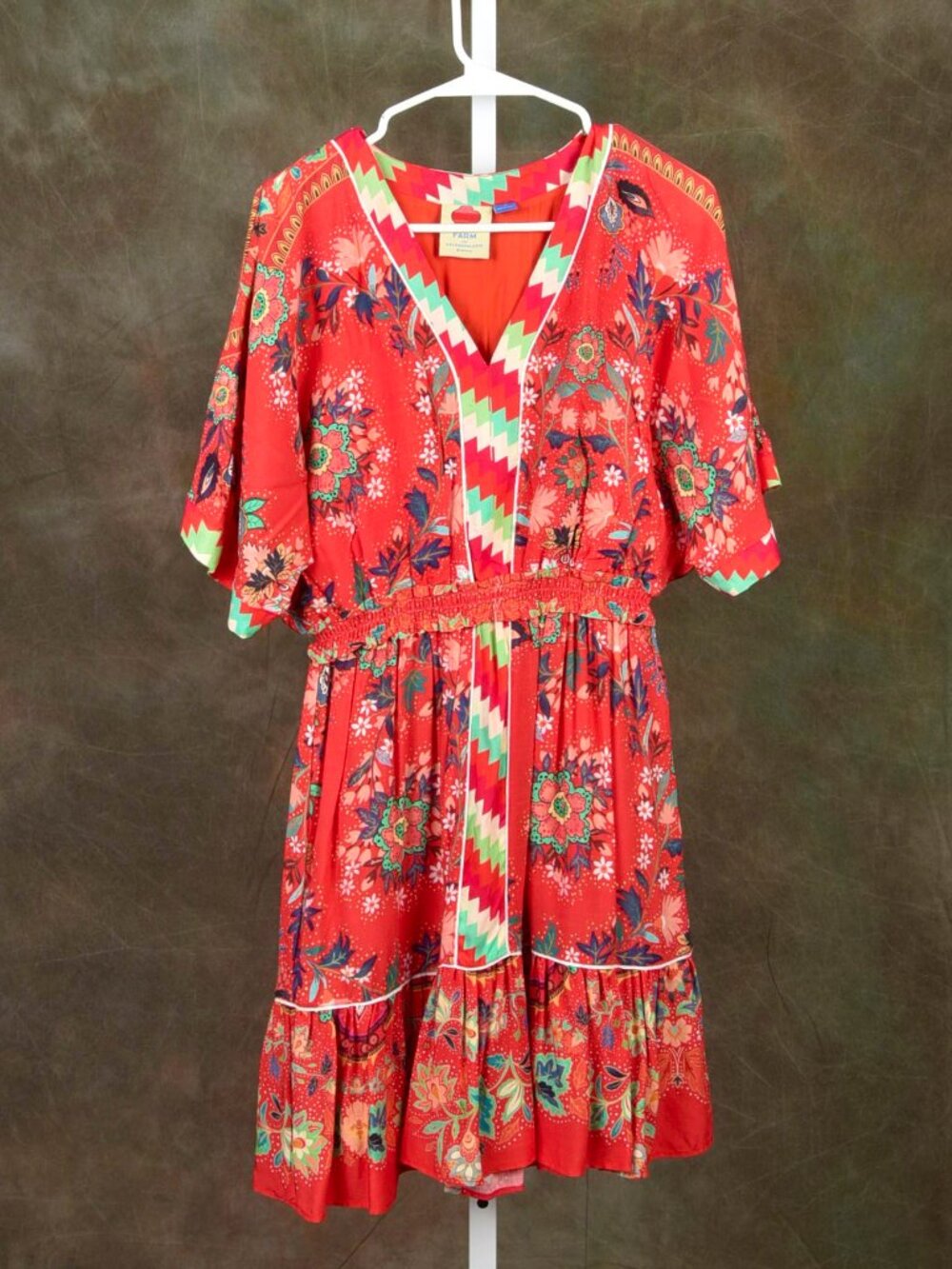 Farm Rio for Anthropologie Gabriela Colorful Stretchy Red Floral Dress Size S